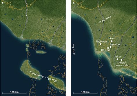 Fig. 1. Two palaeogeographic reconstructions of the early Miocene eastern North Sea. Approximate locations of the samples used in this study are shown. A: Early part of the Miocene transgression (c. 22.5 Ma). Parts of the Ringkøbing–Fyn High and topographic highs above salt diapirs formed islands in the Miocene sea. On the islands formed by salt diapirs, Cretaceous and Danian chalk was exposed and formed coastal cliffs. B: Progradation of the Billund delta-system during the early Miocene (c. 22 Ma). The quartz clasts of the flint conglomerate were transported to the area of west of Thyborøn by the western river system that had its outlet in the west of Jylland. Modified from Rasmussen et al. (2010).