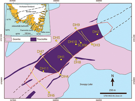 Fig. 1. Geological map of Isortoq South giant dyke, South Greenland. Yellow circles: location of drill cores. Yellow lines: projection to surface (for non-vertical drill holes) for the 12 studied drill cores. Black dashed lines: dyke extension. Solid red line: extent of mineral resource established by Turner & Nicholls (2013). Inset map: includes the divisions of the Ketilidian orogen of Chadwick & Garde (1996). Red circle: Location of the study area. Green circle: Tuttutooq.