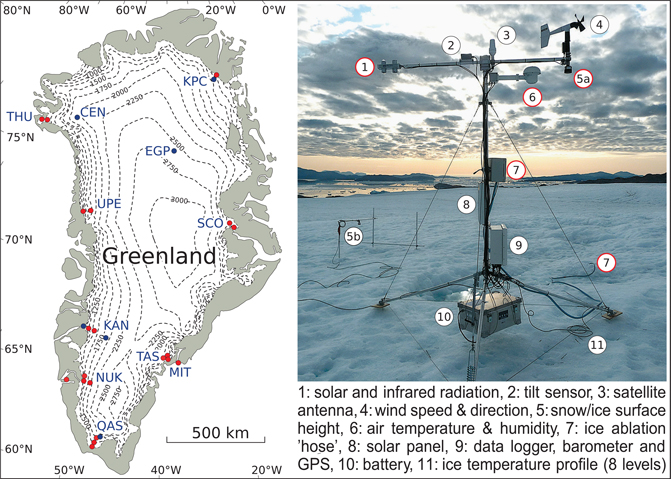 Fig 1 Locations and description of Programme for Monitoring of the Greenland Ice Sheet (PROMICE) automatic weather stations (AWSs). A: PROMICE sites. Dashed lines indicate surface elevation in metres. Red circles indicate PROMICE AWSs used in this study while blue circles indicate AWSs excluded from this study. B: PROMICE AWS instruments. Red circles indicate the instrumentation used in this study.