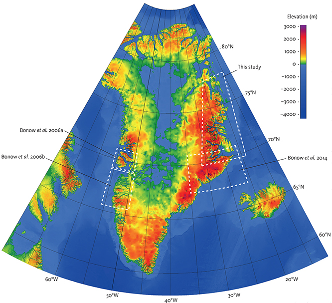 Fig. 1 Bedrock topography of Greenland: Areas investigated by stratigraphic landscape analysis are indicated (Bonow et al. 2006a, 2006b, 2014; and this study). The landscape of East Greenland is generally of higher elevation than West Greenland, where elevated areas are restricted to the coast. The load of the Greenland ice sheet causes up to 850 m subsidence of the bedrock topography in central Greenland. Peripheral bulging along the margins of Greenland, caused by this ice loading, has a negligible effect on elevation (Medvedev et al. 2013). Elevation data is from Amante & Eakins (2009).