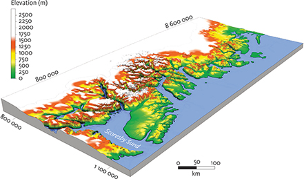 Fig. 5 Topography of the study area from Globe 1 km data (Globe Task team et al. 1999): The landscape at some distance from the coast is characterised by elevated plateaus dissected by deeply incised valleys. This configuration of landscape elements along a passive continental margin occurs on both glaciated and non-glaciated margins (e.g. Lidmar-Bergström et al. 2000; Green et al. 2013). Universal Transverse Mercator (UTM) coordinates (zone 27N) shown along the map frame.