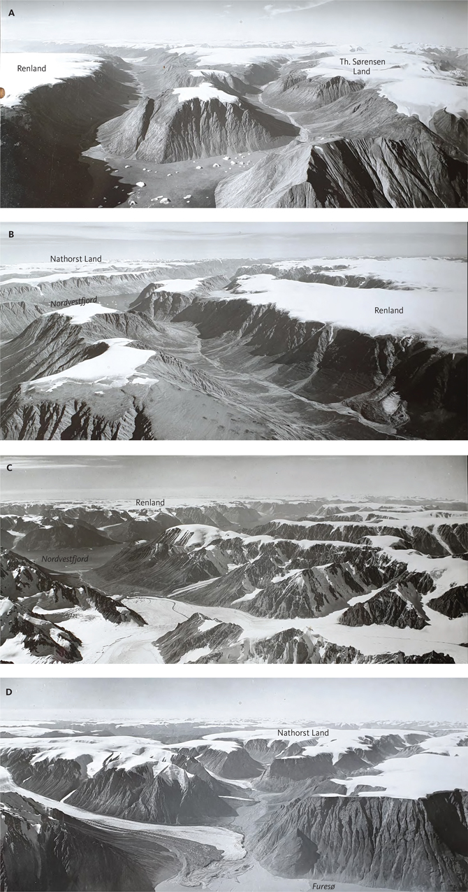 Fig. 13 The Upper Planation Surface (UPS) developed across basement rocks in the south-western interior of North-East Greenland: A: Looking south-west of Th. Sørensen Land and Renland across Nordvestfjord. B: Looking north-east from Renland towards Nordvestfjord and Nathorst Land. C: Looking south-west across the southern part of Stauning Alper towards Nordvestfjord and Renland. D: Looking south of Nathorst Land towards Furesø. Photo locations in Fig 9. Photo: Kort & Matrikelstyrelsen, Denmark.