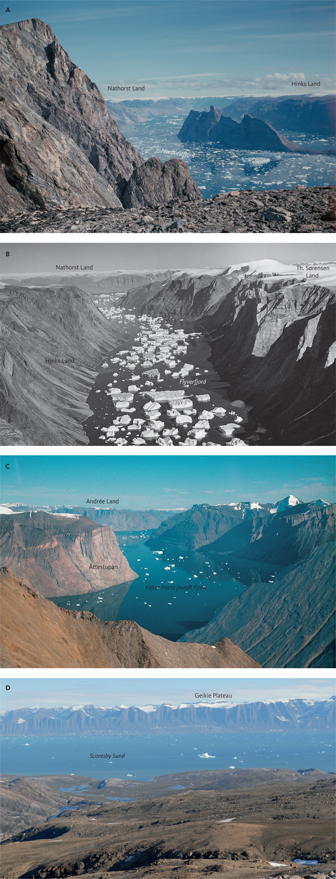 Fig. 14 Thin ice covers the Upper Planation Surface (UPS) in many locations in North-East Greenland: A: View along Nordvestfjord towards the south-east. B: The east–west-trending Flyverfjord. North is to the left of the image. C: Looking west along the inner part of Kejser Franz Joseph Fjord towards Andrée Land. D: View from Milne Land towards the south across Scoresby Sund where the UPS defines the top of the basalts on Geikie Plateau. Photo locations in Fig. 9. Photos A–C: GEUS archive.