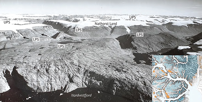 Fig. 17 Relationship between the Upper and Lower Planation Surface (UPS and the LPS, respectively) along the north side of Nordvestfjord: LPS is well developed on the north side of Nordvestfjord and there is a distinct escarpment towards the UPS that is well developed across Nathorst Land. Note the consistent level of the LPS and that minor valleys often stop incising at that valley bench (black arrows). The inset map shows the photo location and the detailed mapping of the UPS (blue) and the LPS (orange) in the area, see supplementary file S1. Photo: Kort & Matrikelstyrelsen, Denmark.