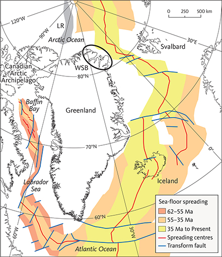 Fig. 1 Cenozoic sea-floor spreading in the northern North Atlantic area. Sea-floor spreading between North America and Greenland (62–55 Ma) caused the first stage of the Eurekan Orogeny. During this time, Greenland moved together with Europe. Spreading between Europe and Greenland (55–35 Ma) resulted in the second stage of the Eurekan Orogeny. During this time, North America, Greenland and Europe moved as separate plates. Sea-floor spreading ceased west of Greenland (at c. 35 Ma) after which Greenland moved together with North America and the Eurekan Orogeny ended. The Danmarkshavn Basin is located off North-East Greenland between 76 and 82°N. LR: Lomonosov Ridge. WSB: Wandel Sea Basin. Modified from Brozena et al. (2003), Oakey & Chalmers (2012) and Gaina et al. (2017).