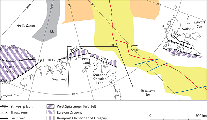 Fig. 2 Outline of the High Arctic adjacent to North Greenland. Extent of Kronprins Christian Land Orogeny according to Håkansson & Pedersen (2001) and this study. LR: Lomonosov Ridge. Detail of Fig. 1 with additions from von Gosen & Piepjohn (2003), Oakey & Chalmers (2012) and Piepjohn et al. (2016).