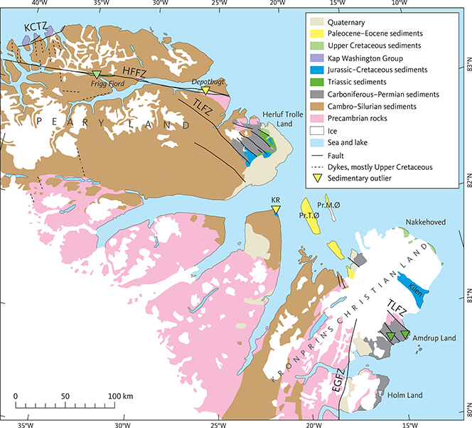 Fig. 4 Geology of the Carboniferous–Palaeogene Wandel Sea Basin and surrounding areas. The remnants of the Carboniferous to Palaeogene sediments occur between northern Peary Land and Kronprins Christian Land and thus define the extent of the basin. Kap Washington Group is of Campanian to earliest Palaeogene age (Håkansson & Pedersen 2015). Håkansson & Pedersen (2015) indicated the Trolle Land Fault Zone as one continuous zone from Herluf Trolle Land to Kronprins Christian Land. Here, we indicate one possible correlation between these two areas. Based on Escher & Pulvertaft 1995 with modifications after Croxton et al. 1980; Hovikoski et al. 2018; Piasecki et al. 2018. EGFZ: East Greenland Fracture Zone. HFFZ: Harder Fjord Fault Zone. KCTZ: Kap Canon Thrust Zone. KR: Kap Rigsdagen. Pr.M.Ø: Prinsesse Margrethe Ø. Pr.T.Ø: Prinsesse Thyra Ø. TLFZ: Trolle Land Fault Zone.