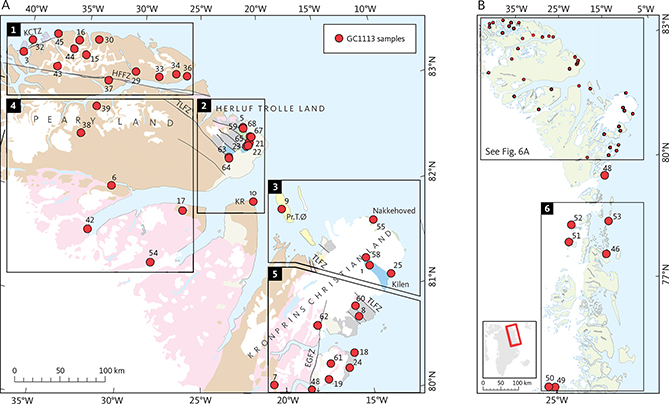 Fig. 6 Location of samples that yielded apatite and division of the study area into six geographical areas with similar thermal histories used to define the timing of key episodes in Fig. 10. A: Areas 1–5. B: Area 6. Geology legend in Fig. 4. EGFZ: East Greenland Fracture Zone. HFFZ: Harder Fjord Fault Zone. KCTZ: Kap Canon Thrust Zone. KR: Kap Rigsdagen. Pr.T.Ø: Prinsesse Thyra Ø. TLFZ: Trolle Land Fault Zone.