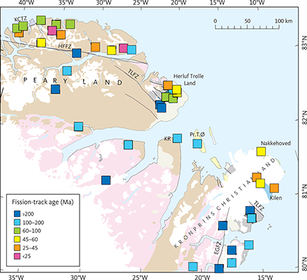 Fig. 7 Apatite fission-track ages in outcrop samples from eastern North Greenland (data in Table 2). Youngest ages <60 Ma are focussed along the north coast, while older ages are found in inland samples. EGFZ: East Greenland Fracture Zone. HFFZ: Harder Fjord Fault Zone. KCTZ: Kap Canon Thrust Zone. KR: Kap Rigsdagen. Pr.T.Ø: Prinsesse Thyra Ø. TLFZ: Trolle Land Fault Zone. Geology legend in Fig. 4.