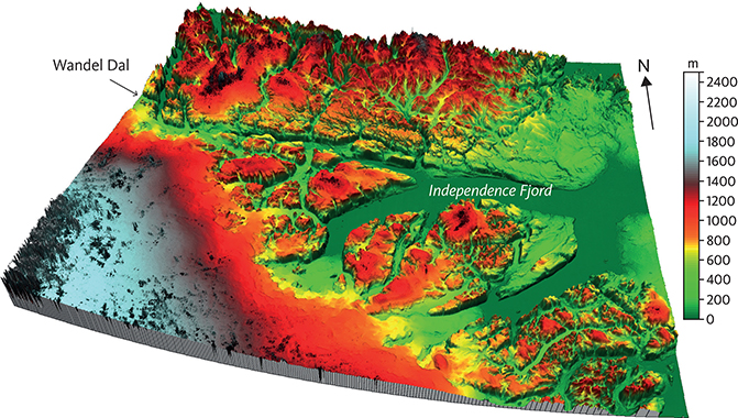 Fig. 19 3D-elevation model of the region around Independence Fjord (GLOBE 1999; map location in Fig. 3). Note that Independence Fjord and Wandel Dal (valley in Danish) are incised below a low-relief surface at about 1 km a.s.l. This is in contrast to more elevated and dissected, alpine relief north-west of Independence Fjord. The width of the diagram is about 250 km. Illustration: Johan M. Bonow.