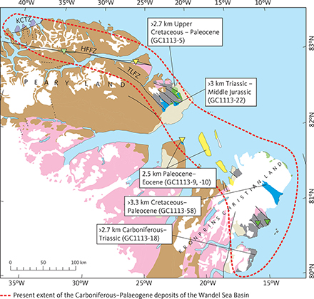 Fig. 20 Present-day outline of the Carboniferous–Palaeogene Wandel Sea Basin compared with estimated thicknesses of removed covers (Fig. 18). Substantial thicknesses of sediments of Mesozoic and Palaeogene age have been present within the present outline of the basin, implying that they extended beyond the present-day outline of the Wandel Sea Basin. The conversion of palaeotemperatures to burial depths is based on an assumed palaeogeothermal gradient of 30°C/km and palaeosurface temperatures of 10°C for the end-Eocene episode and 20°C for earlier episodes. HFFZ: Harder Fjord Fault Zone. KCTZ: Kap Canon Thrust Zone. TLFZ: Trolle Land Fault Zone. Geology legend and symbols defined in Fig. 4.