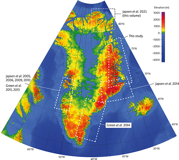 Fig. 1 Location of study area in North-East Greenland (70–78°N) and present-day topography of the bedrock of Greenland. The burial and exhumation history of various parts of Greenland have been investigated using apatite fission-track analysis (AFTA) data in a series of publications, as indicated on the map (Japsen et al. 2005, 2006, 2009, 2010, 2014, 2021 (this volume); Green et al. 2011, 2013, 2014). The load of the Greenland ice sheet causes up to 850 m subsidence of the bedrock topography of central Greenland. Peripheral bulging caused by this ice loading has a negligible effect (<20 m) on the elevation of the Greenland margins (Medvedev et al. 2013). Elevation data from Amante & Eakins (2009).
