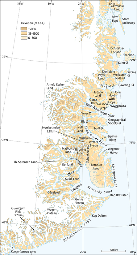 Fig. 2 Elevation and place names of the study area in North-East Greenland (north of Scoresby Sund) and of southern East Greenland (between Scoresby Sund and Kangerlussuaq).