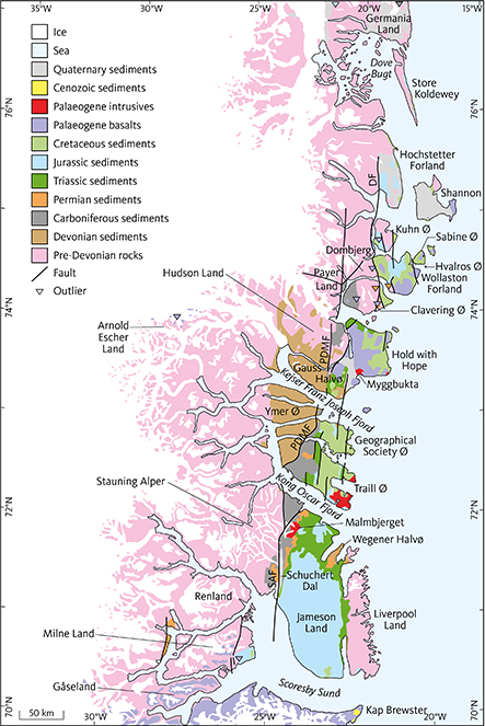 Fig. 3 Geological map of North-East Greenland (Escher & Pulvertaft 1995; Henriksen 2003; Surlyk 2003; Christoffersen & Jepsen 2007). Major post-Devonian faults are shown (Surlyk 2003; Guarnieri 2015). A middle Jurassic outlier on Germania Land is located just north of the map frame (Bojesen-Koefoed et al. 2012). DF: Dombjerg Fault. PDMF: Post-Devonian Main Fault. SAF: Stauning Alper Fault. We refer to the two latter faults collectively as the Post-Devonian Main Fault system.