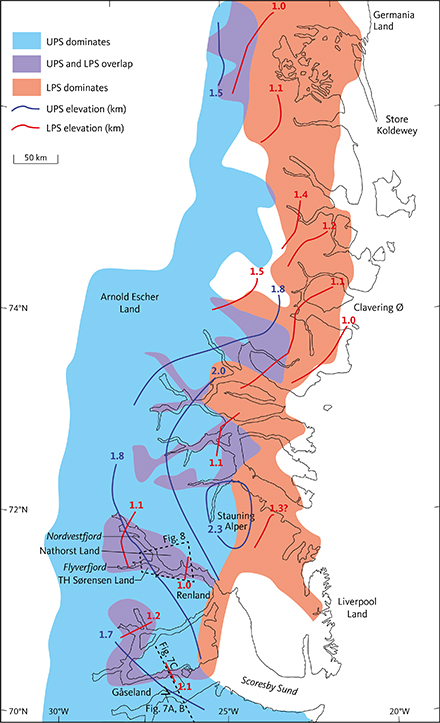 Fig. 9 Extent and elevation of the Upper and Lower Planation Surfaces (UPS and LPS, respectively). The UPS is typically 2 km a.s.l. south of 74°N at some distance from the coast. North of 74°N, the UPS is only identified as small remnants close to the ice sheet. The LPS, which typically is at 1 km a.s.l., formed by incision along valleys below the UPS, but the LPS along the valleys coalesces to form a coherent surface towards the coast. Note the domal structure of the UPS centred at Stauning Alper. This pattern suggests a tectonic doming after formation of the UPS. The profile in Fig. 7C extends about 25 km south of the map. Modified from Bonow & Japsen (2021, this volume).