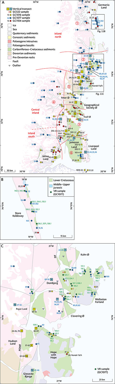 Fig. 11 Sample locations. A: AFTA samples across the entire study area. One sample from a parallel study (GC1019-32; Japsen et al. 2014), for which data are not presented here, is also shown. Red lines indicate the six regions (numbered 1–6) referred to in Table 1. B: AFTA and VR samples on Store Koldewey. C: AFTA and VR samples in the Clavering Ø area. DF: Dombjerg Fault. PDMF: Post-Devonian Main Fault. Geology based on Fig. 3. Arrow at the northern edge of the map points to the location of sample GC1077-11 just north of the map frame.