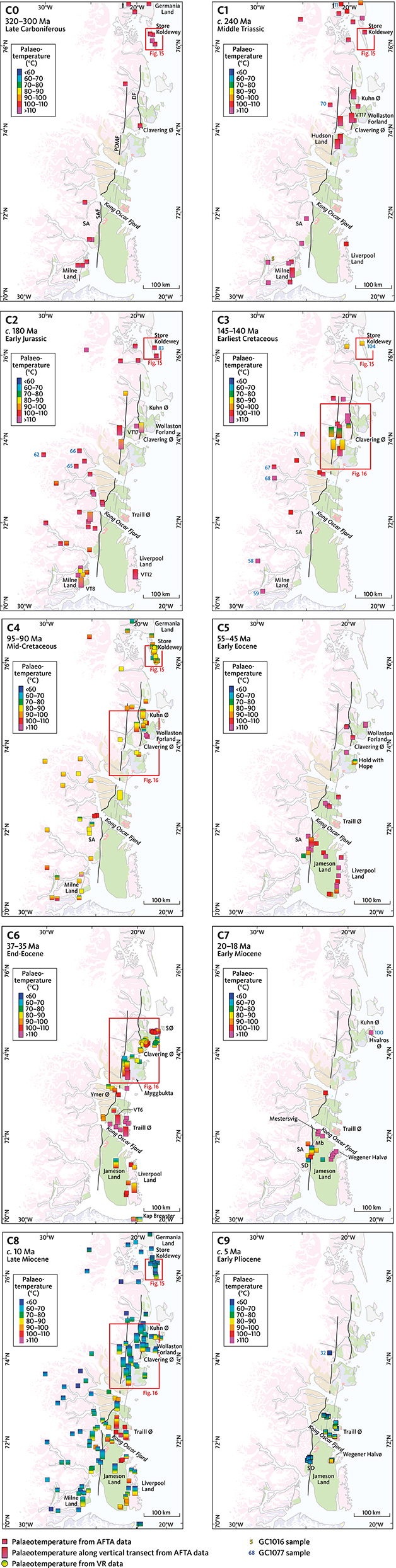 Fig. 14 Maps of palaeotemperatures derived from AFTA data. Individual samples are attributed to palaeothermal episodes C0–C9 (Table 1) and thermal history constraints are listed in Appendix 1.4. Detailed maps of palaeotemperatures derived from AFTA and VR data for Store Koldewey and the area around Clavering Ø are shown in Fig. 15 and Fig. 16, respectively. DF: Dombjerg Fault. Mb: Malmbjerget. PDMF: Post-Devonian Main Fault. SA: Stauning Alper. SAF: Stauning Alper Fault. SD: Schuchert Dal. SØ: Sabine Ø. VT: Vertical transect. Arrow at the northern edge of the map points to the location of sample GC1077-11 just north of the map frame. Sample locations in Fig. 11.