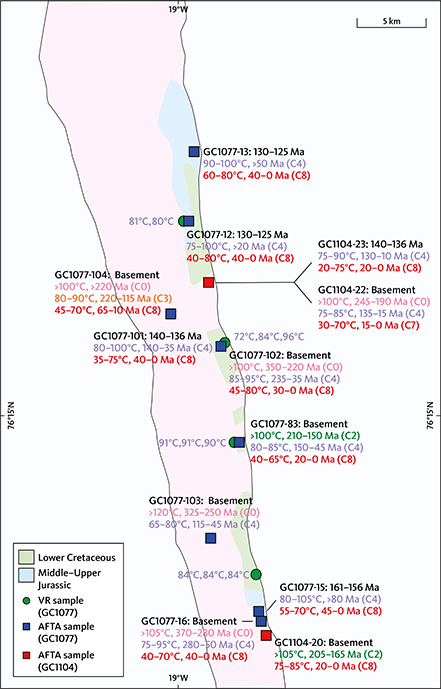 Fig. 15 Thermal-history solutions derived from AFTA and VR data for Store Koldewey. Stratigraphic ages listed alongside the sample numbers. Palaeotemperature and timing constraints are listed for each sample together with the regional cooling episode assigned to the constraints. Maximum palaeotemperatures derived from the mean VR value in each sample are compared with the thermal history solutions derived from AFTA data in samples from the same area. The maximum palaeotemperatures indicated by the VR data in Mesozoic sediments are consistent with mid-Cretaceous C4 palaeotemperatures derived from AFTA, showing that they cooled from maximum post-depositional palaeotemperatures in the C4 episode. Map location in Fig. 11.