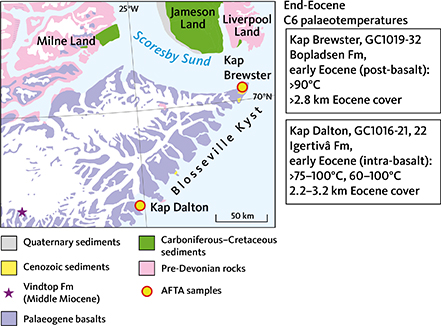 Fig. 27 Post-basalt heating of lower Eocene sediments at Blosseville Kyst (Larsen et al. 2013; Japsen et al. 2014). End-Eocene C6 palaeotemperatures in three samples (yellow circles) correspond to burial below a c. 2.5 km thick Eocene succession assuming a palaeothermal gradient of 25°C/km and a surface temperature of 20°C. The deposition of this succession took place over an interval of c. 12 Myr (between 48 and 36 Ma).