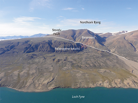Fig. 29 Contact between basement and Palaeogene basalts along the Storelv Fault, Hudson Land (looking west). Samples along vertical transect VT4 were taken in basement rocks just north of this locality. AFTA data from VT4 and VT3 in this region indicate faulting during the end-Eocene C6 episode between these locations (Fig. 28). Photo: P. Guarnieri (see also Guarnieri 2015).