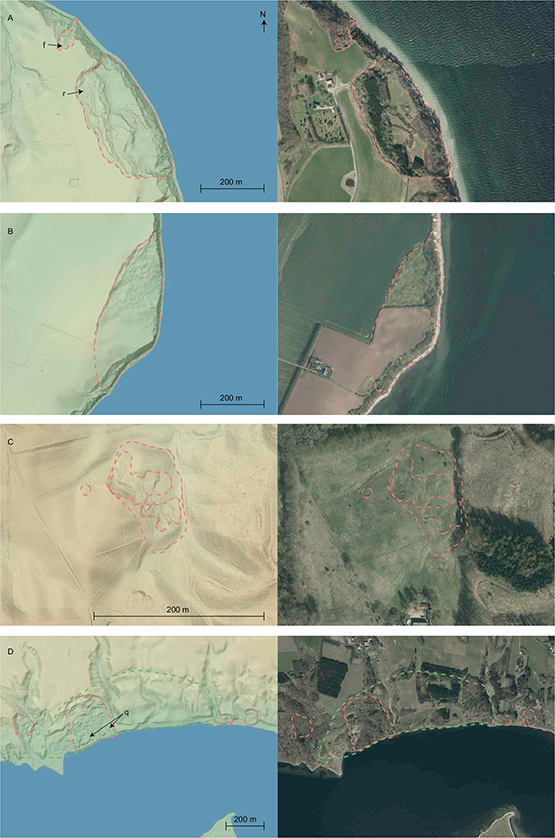 Fig 2. Four examples of landslides from Denmark in the DEM hillshade (left) and an orthophoto (right). A: Large active rotational landslide (r) and flow (f), east of Røjle Klint, Fyn. B: Large rotational landslide, north of Mors, northern Jylland; the southern part of the landslide is partially concealed by farming activities. The northern uncultivated part of the landslide has clear internal structures, while the southern part is ploughed annually obscuring structures. This landslide would not have been mapped if not for the structures in the northern part. C: Inland landslide near Vejle, Jylland, superimposed by smaller flows. The large landslide is presumably a rotational or translational landslide or a combination. D: Example of a landslide (green) eroded by fluvial incision and a younger landslide (red) in Mariager Fjord, Jylland. Structures in the young landslide are somewhat obscured by quarrying (q), which could have been a triggering factor for the landslide.