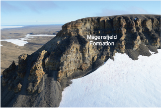 Fig. 3 View from helicopter of the Mågensfjeld Formation at the “bird cliff,” Mågensfjeld, looking south.