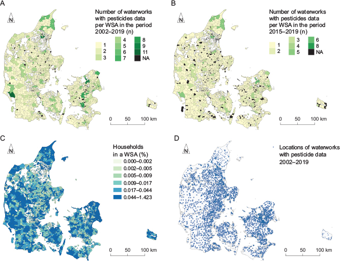 Fig 2 Number of public waterworks with pesticide data for each water supply area (WSA) for A: the entire study period (2002–2019) and B: the last five years (2015–2019). C: Percentage of Danish households (n = 2 086 797) located in each of the WSA, equal count in each interval. D: Location of all public waterworks with at least one pesticide analysis in the period 2002–2019 included in the final dataset. Note: the symbols in D have transparency to visualise overlapping locations. NA: no data.