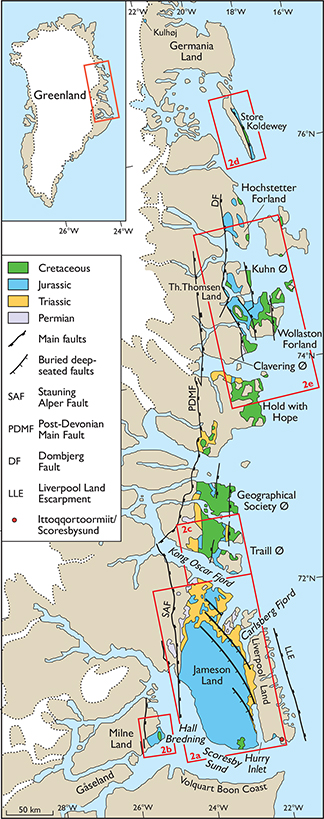 Fig. 1 Simplified geological map of the East Greenland Rift Basin showing the main faults active during the Jurassic, the main areas with outcrops of uppermost Triassic – lowermost Cretaceous formations, and the location of the detailed geological maps (Figs 2a–e). Modified from Surlyk (2003, fig. 2).