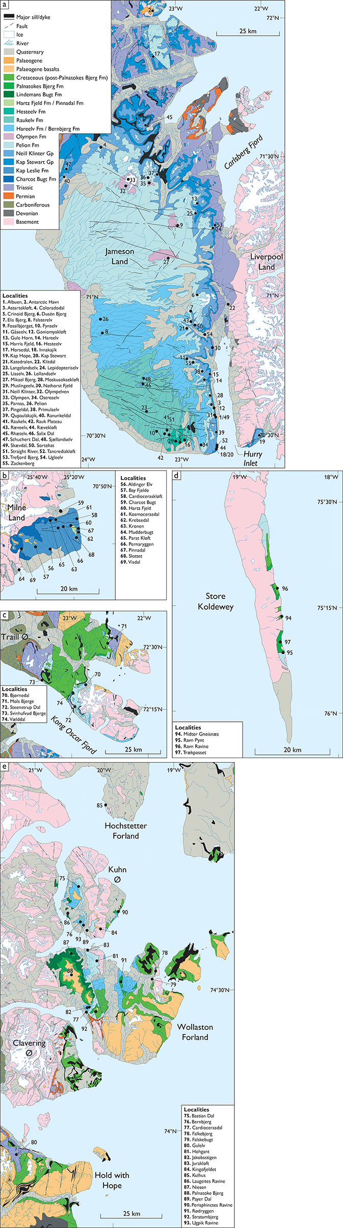 Fig. 2 Maps showing the position of place names and localities mentioned in the text. Based on the digital Greenland geological map at a scale of 1:500 000 (Kokfelt et al. 2013). (a): Geological and locality map of Jameson Land. The outcrop area indicated as the Pelion Formation on this map also includes the Fossilbjerget Formation. (b) : Geological and locality map of south-east Milne Land. (c): Geological and locality map of eastern Traill Ø. The outcrop area indicated as the Pelion Formation on this map also includes the Bristol Elv, Fossilbjerget and Olympen Formations. (d): Geological and locality map of Store Koldewey. The outcrop area indicated as Pelion Formation on this map also includes the Bastians Dal, Muslingebjerg, Payer Dal and Bernbjerg Formations. (e): Geological and locality map of the Hold with Hope, Clavering Ø, Wollaston Forland, Kuhn Ø and Hochstetter Forland area. The outcrop area indicated as the Pelion Formation on this map also includes the Bastians Dal, Muslingebjerg, Payer Dal and Jakobsstigen Formations.
