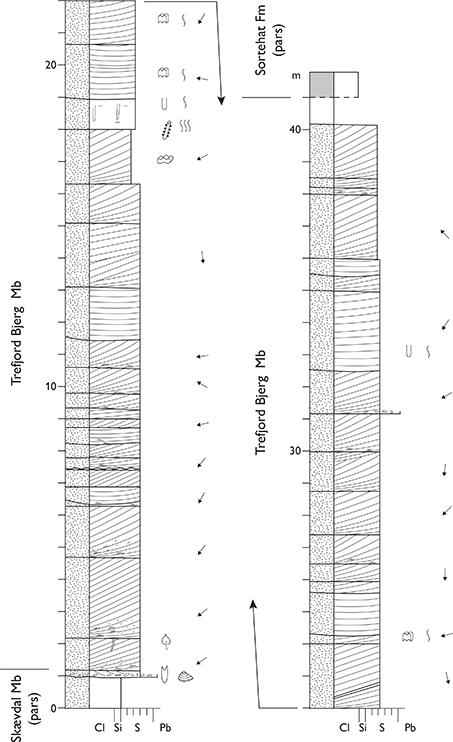 Fig. 23 Type section of the Trefjord Bjerg Member, Lepidopteriselv, Trefjord Bjerg, Jameson Land (Figs 1, 2a). From Dam & Surlyk (1998, fig. 38). For legend, see Fig. 7.