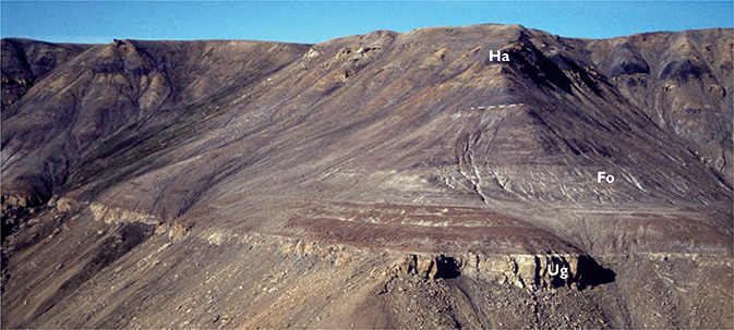 Fig. 37 North slope of the Ugleelv valley, southern Jameson Land, a classical Middle Jurassic ammonite locality (Figs 1, 2a). The lowermost unit is the clinoform-bedded, up to 30 m thick, uppermost yellow sandstone of the Ugleelv Member, Pelion Formation (Ug; about 20 m exposed at this locality). The lowest few metres of the overlying Fossilbjerget Formation has yielded a super-abundant fauna of well-preserved ammonites of the C. pompeckji zone. The change in slope between the light grey or brown-weathering mudstones and the slightly steeper slope concealing black mudstones and sandstone injectites marks the boundary between the Fossilbjerget (Fo) and Hareelv Formations (Ha) (boundary indicated).