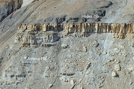 Fig. 49 Sandstones of the Athene Member (57 m thick) overlain by dark mudstones of the Hades Member, Olympen Formation, Olympen, Jameson Land (Figs 1, 2a). The section corresponds to the log shown in Fig. 48. Photograph by Rikke Bruhn.