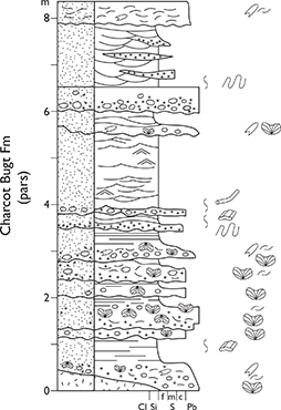 Fig. 76 Detailed log of the basal beds of the Charcot Bugt Formation (and the Visdal Member) forming part of the composite type section of these units in the Visdal valley, Milne Land (Figs 1, 2b). From Larsen et al. (2003, fig. 6). For legend, see Fig. 7.