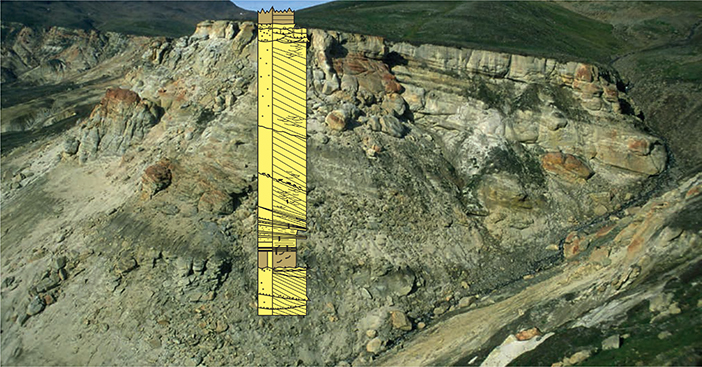 Fig. 79 Upper part of the Visdal Member at the type locality, comprising a 40 m thick clinoform bed, overlain at a sharp boundary by dark mudstones of the Kosmocerasdal Member (Kap Leslie Formation). Corresponds to locality M44 of Birkelund et al. (1984, see Figs 77, 78). Visdal, Milne Land (Figs 1, 2b).
