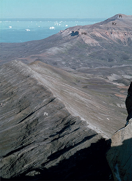 Fig. 88 Ridge exposing micaceous and glauconitic sandstones of the Pernaryggen Member (Pe) of the Kap Leslie Formation. Photograph taken from the mountain of Kronen towards Hartz Fjeld, where the Hennigryggen (He) and Kronen (Kr) Members of the Hartz Fjeld Formation are exposed, capped by the Pinnadal Formation (Pi). Milne Land (Figs 1, 2b).