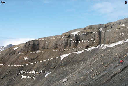 Fig. 101 Submarine gravity-flow conglomerates of the Young Sund Member (Palnatokes Bjerg Formation) at the type section, erosionally overlying Upper Jurassic sandstones of the Jakobsstigen Formation. Stratumbjerg, south-western Wollaston Forland (Figs 1, 2e), figure (right) for scale.