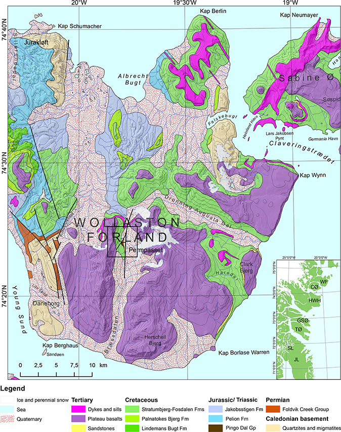 Fig 1 Geological map of Wollaston Forland (modified after Escher 2001). The black-lined box marks the position of the map illustrated in Fig. 7. The inset map indicates the position of Wollaston Forland (WF) on the East Greenland coast as well as other regions mentioned in the text: CØ: Clavering Ø. HWH: Hold With Hope. GSØ: Geographical Society Ø. TL: Traill Ø. SL: Scoresby Land. JL: Jameson Land.