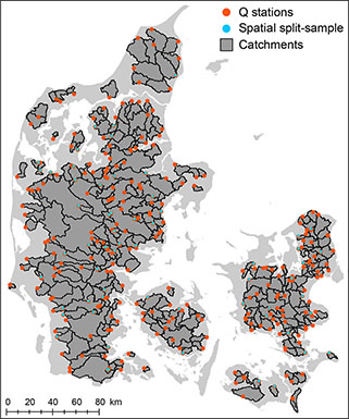 Fig 1 Map of Denmark showing the 301 catchments used in this study. 60 catchments were randomly sampled for the spatio-temporal split-sample experiment.