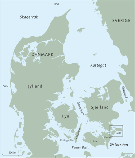 Fig. 1 Indekskort over Danmark med beliggenheden af kortbladet Møn.<br/> Fig. 1 Index map of Denmark with the position of the map sheet Møn.