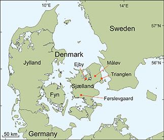 Fig 1 Map of Denmark showing the location of Ejby and other Middle Pleistocene interglacial deposits on Sjælland discussed in the text.