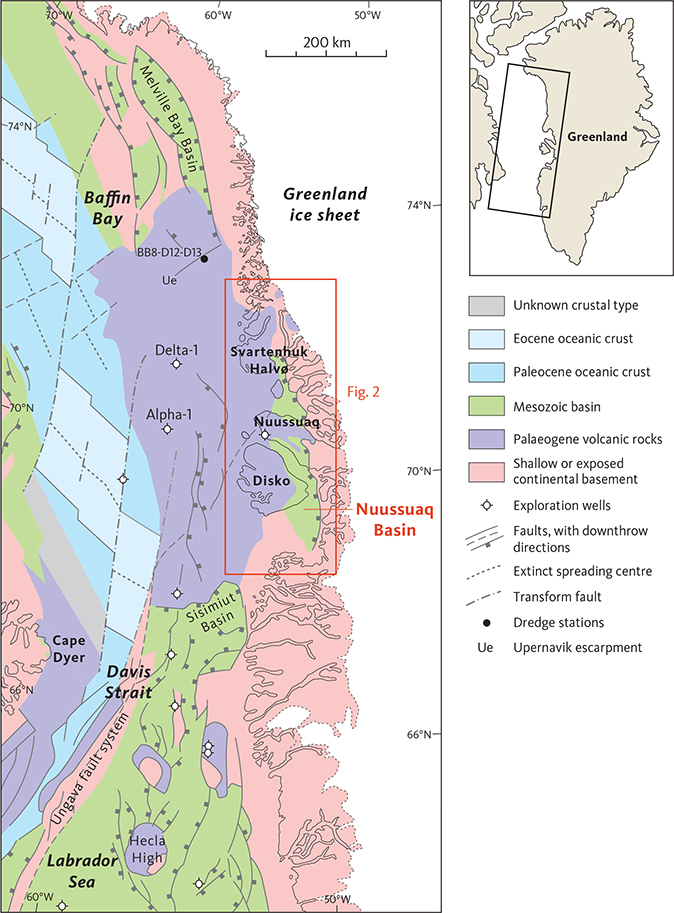 Fig. 1 Simplified geological map showing the regional and tectonic setting of the Nuussuaq Basin in West Greenland. Modified from fig. 1 in Dam et al. (2009) with results from Funck et al. (2012), Oakey & Chalmers (2012) and Gregersen et al. (2019). Dredge stations BB8-D12 and D13 on the Upernavik Escarpment from Polteau & Planke (2008).