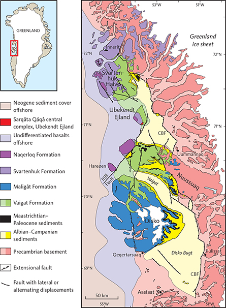 Fig. 2 Simplified geological map of the Nuussuaq Basin. Light colours: sea-covered areas. CBF: Cretaceous boundary fault system.