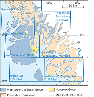 Fig. 4 Index map of geological maps covering Svartenhuk Halvø and the surrounding areas. Maps with names given in both old and new Greenlandic spelling were published 1970–1991 and in revised form in 2022 (Guarnieri et al. 2022 a,b,c). The Prøven and Upernavik maps are in compilation. The Igdlorssuit and Svartenhuk maps (Larsen 1983; Larsen & Grocott 1991) are provided in Supplementary files S1 and S2.