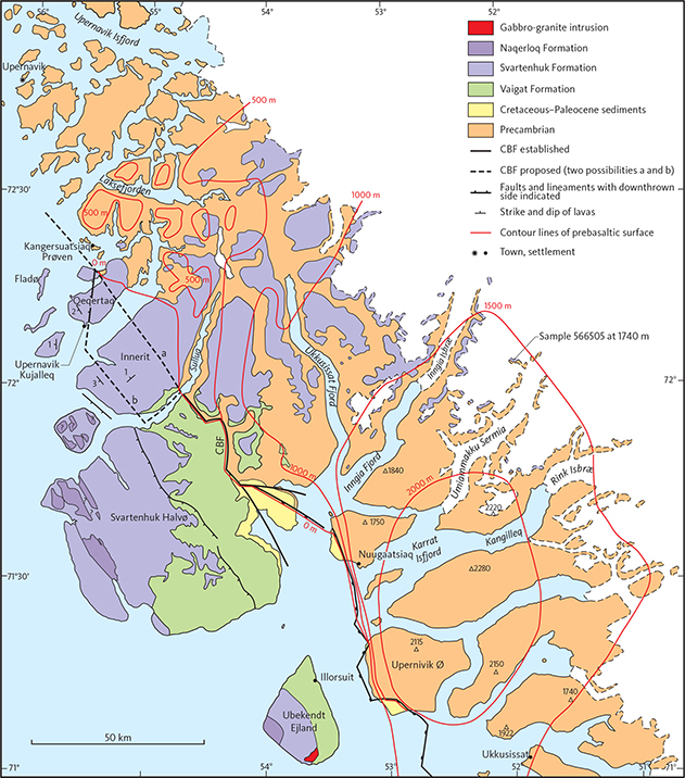Fig. 5 Geological sketch map of West Greenland between 71° and 73°N. The northern and eastern extent of the volcanic rocks evidently continues farther to the north-east beneath the Greenland ice sheet. The location of the easternmost basalt sample 566505 is shown. The north-western extension of the Cretaceous boundary fault system (CBF) is uncertain and two possibilities are shown, which may both be part of the system. Red contour lines highlight the domal structure and uneven character of the prebasaltic surface; the red numbers are altitudes in m a.s.l.. The lines were constructed from the many closely spaced measurements of the altitude of this surface by Pulvertaft & Larsen (2002, plate 1) and, in the southern part, from the height of the basement peaks.