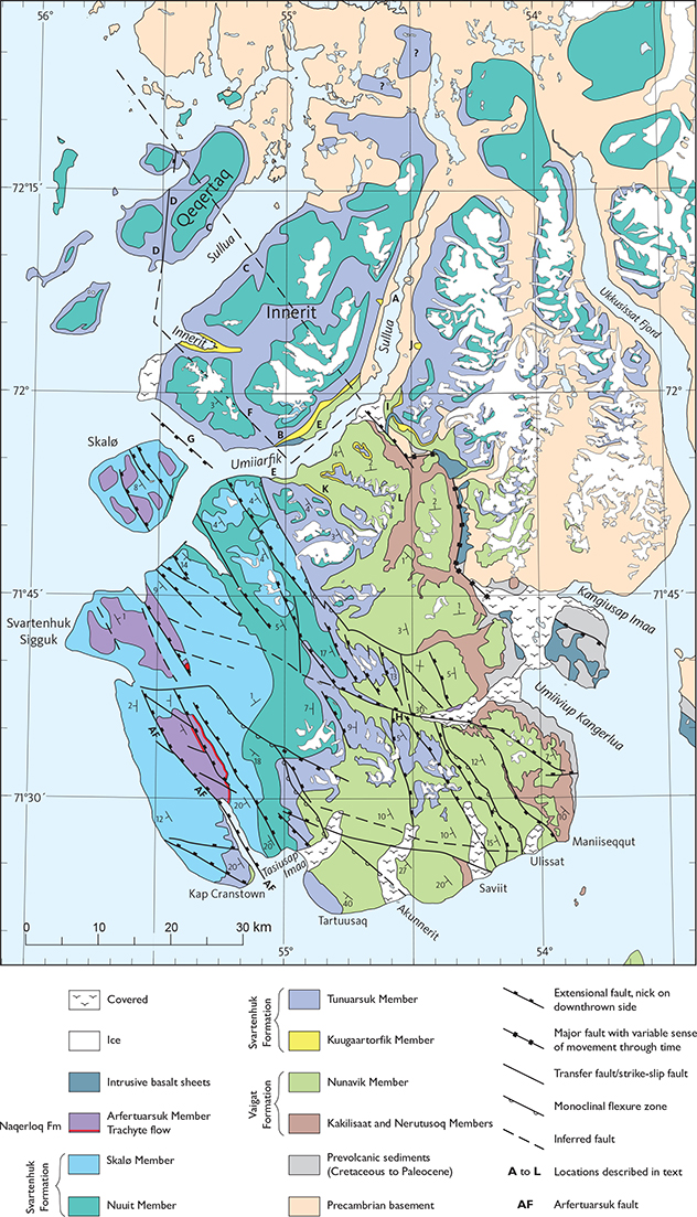 Fig. 6 Geological map of Svartenhuk Halvø and the northern volcanic areas. Geology south of 72°N after Larsen & Pulvertaft (2000, fig. 2). North of 72°N, the extent of the volcanic rocks is from Escher (1985); the boundary between the Tunuarsuk and Nuuit Members is extrapolated from the existing geological map south of 72°N, combined with the six sampled profiles north of 72°N (see Fig. 9), the nearly unfaulted and flat-lying state of the succession with a dip of c. 1°NW and the topographic map. Remnants of the Skalø Member are also present on several summits east of Sullua (Guarnieri et al. 2022a, b) but are mainly concealed beneath the ice. See Fig. 7 for place names mentioned in this study.