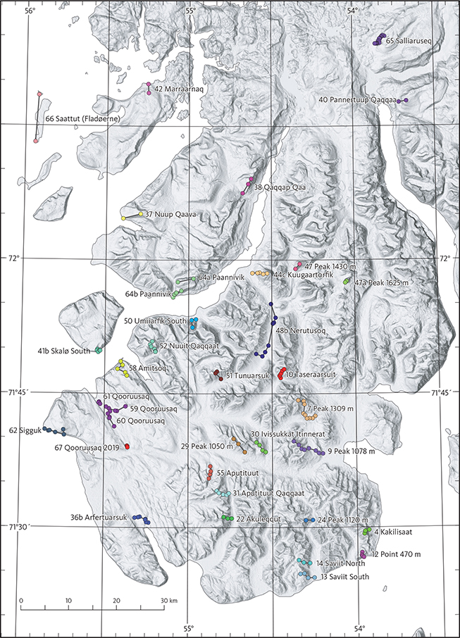 Fig. 9 Digital elevation model (from the Greenland Ice Mapping Project) of Svartenhuk Halvø with locations of the most important profiles such as type and reference sections. Dots are measured points along the profile lines, and colours distinguish individual profiles. See text for detailed explanations. Coordinates are in Appendix 1 and in digital form in Supplementary file S3.