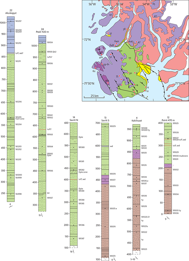 Fig. 10 Profiles through the volcanic succession in southern Svartenhuk Halvø. Vertical scale is m a.s.l. as measured. Dip and strike of the succession are shown below each profile. Legend in Fig. 13. Locations in Fig. 9 and coordinates listed in Appendix 1.