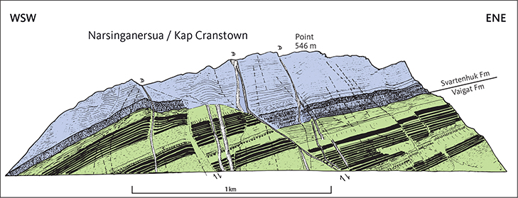 Fig. 14 The coastal section at Narsinganersua (Kap Cranstown). Location in Fig. 8. The faulted lava flows dip c. 20°SW. The succession comprises 280 m of the uppermost Nunavik Member of the Vaigat Formation and a similar thickness of the lowermost Tunuarsuk Member of the Svartenhuk Formation. Solid black lines denote groups of massive picrite flows that highlight the complicated fault structure. The dotted line is a tuff layer. The apparent low-angle fault in the centre of the section is a WNW–ESE-trending fault that cuts obliquely through the exposure (Fig. 6); it is partly intruded by a dyke. Vertically hatched flows are massive, plagioclase-phyric flows: the lowest flows in the Tunuarsuk Member and a single basalt flow in the Nunavik Member. The thickest dykes are indicated by Ds. Hand traced from colour slides projected onto a screen and therefore not with constant horizontal and vertical scales. See also photo in Fig. 34.