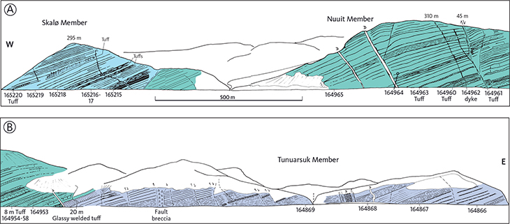 Fig. 15 Section along the north coast of Tasiusap Imaa, 15–20 km north-east of Kap Cranstown and east of the large fault in Arfertuarsuk fjord. Location in Fig. 8. A: western part. B: eastern part. All three volcanic members of the Svartenhuk Formation are present. The faulted lava flows dip c. 20°WSW. Groups of thin pahoehoe flows are shown with bed-parallel hatching, and tuff layers are dotted. Note the 20 m thick tuff at the boundary between the Tunuarsuk and Nuuit Members. The thickest dykes are indicated by Ds. Samples and observations along the shore are indicated; analyses are in Supplementary file S4. Hand traced from colour slides projected onto a screen and therefore not with constant horizontal and vertical scales.