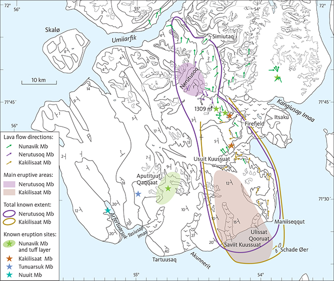 Fig. 26 Map showing flow directions as indicated by dips of foreset-bedding in hyaloclastites of the Vaigat Formation and the main eruptive areas and total known extents of the Kakilisaat and Nerutusoq Members. The coloured area at Nerutusoq is the ‘table mountain’ with subaerial lava flows described in the text. Both members probably continue below exposure level to the west. The Kakilisaat Member may also be present farther north than shown. The Nunavik Member is considered to extend across the entire area. Also shown are known eruption sites for the volcanic succession.
